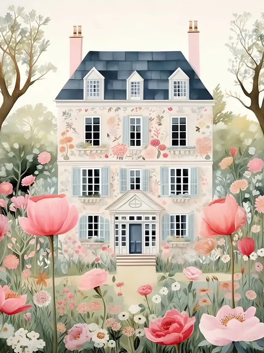 English Country Manor Home Landscape Paint by Numbers Kit