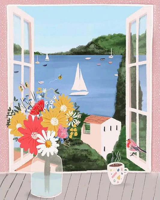 Quaint Seaside Window View Paint by Numbers Kit